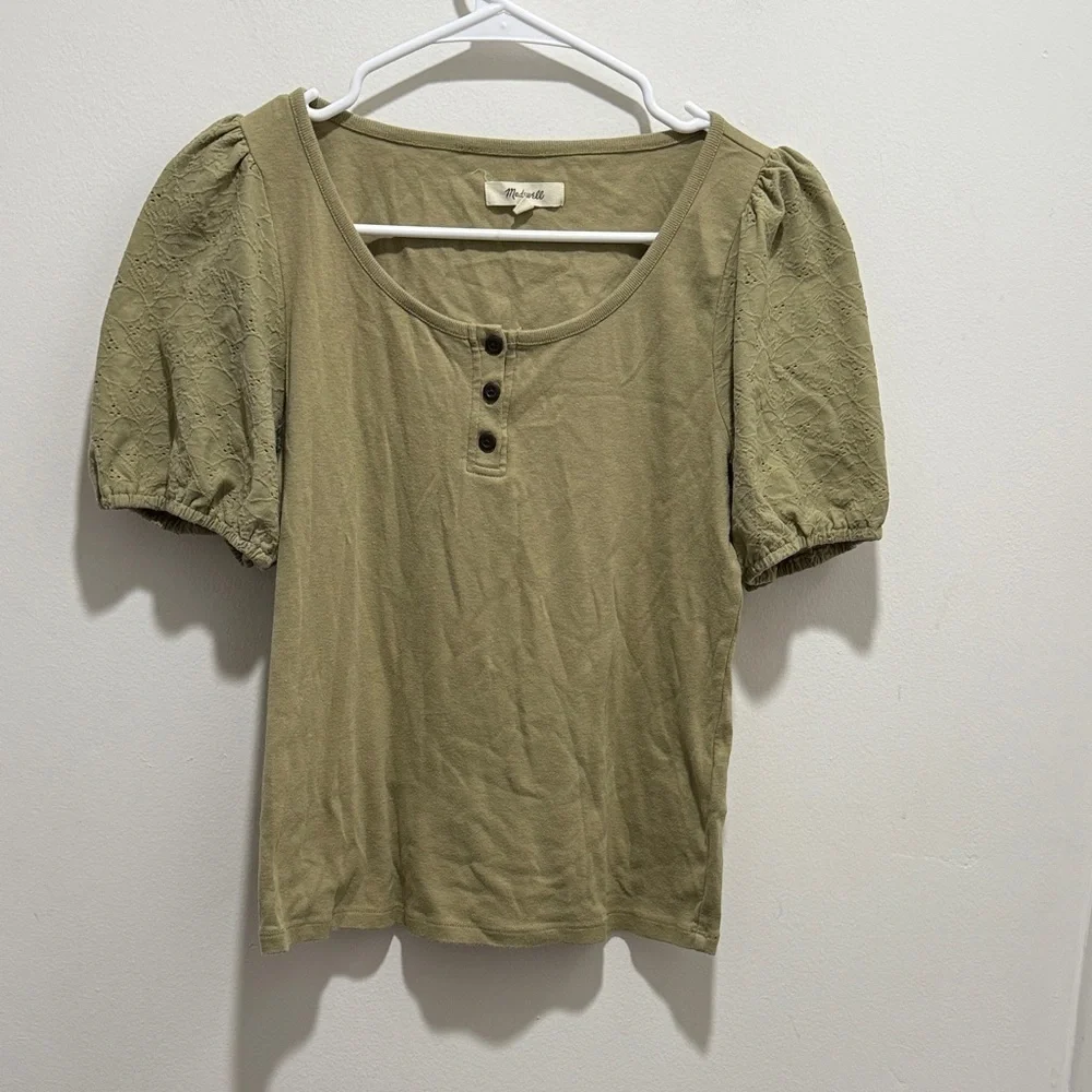 Madewell Boho Wyelet Puff Sleeve Too Size Small in Ash Green